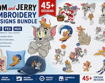 45+ Tom and Jerry Embroidery Bundle, Machine Embroidery Patterns, dst pes hus