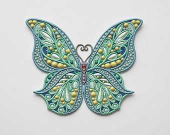 Teal & Gold Butterfly Embroidery Design, Beaded Lace Wings (Digital Download)