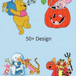 May include: A collection of cartoon illustrations featuring Winnie the Pooh characters. One shows Pooh with a honey pot, another Piglet in a pumpkin, and Tigger with a trident. The text "50+ Design" is also present.