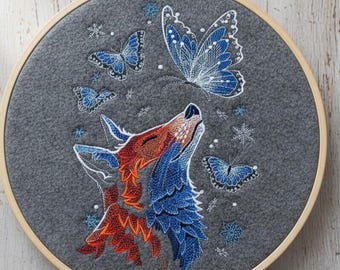 Mystical Wolf Embroidery Design | Fire and Ice, Butterflies (PES File)