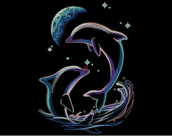 Celestial Dolphin and Crescent Moon Embroidery Design | Nautical Sea Life Digital File Dreamy Ocean Moon Pattern for Apparel DST Format