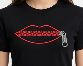 Red Lips Zipper Embroidery Design: Edgy Streetwear Apparel File (Instant Download)