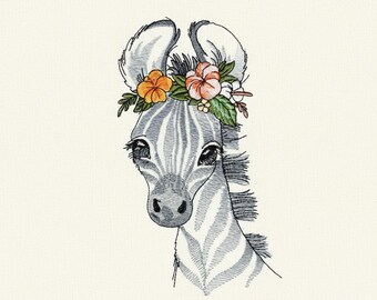Floral Zebra Embroidery Design, Baby Shower Gift .PES File 4x4 & 5x5 Digital Download