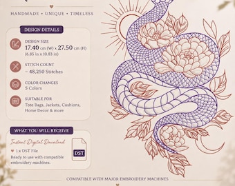 Floral Snake Embroidery Design, Botanical Serpent DST File (Instant Download)