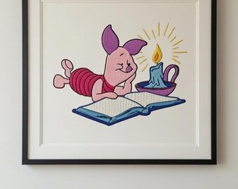Piglet Reading Book Embroidery Design | Candle, Cozy Bookworm Machine File (PES, JEF)