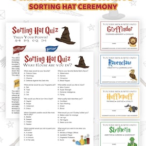 May include: A printable Hogwarts Sorting Hat ceremony kit featuring a quiz sheet with multiple-choice questions, a scoring guide, and four individual certificates for Gryffindor, Ravenclaw, Hufflepuff, and Slytherin houses with house mascots.