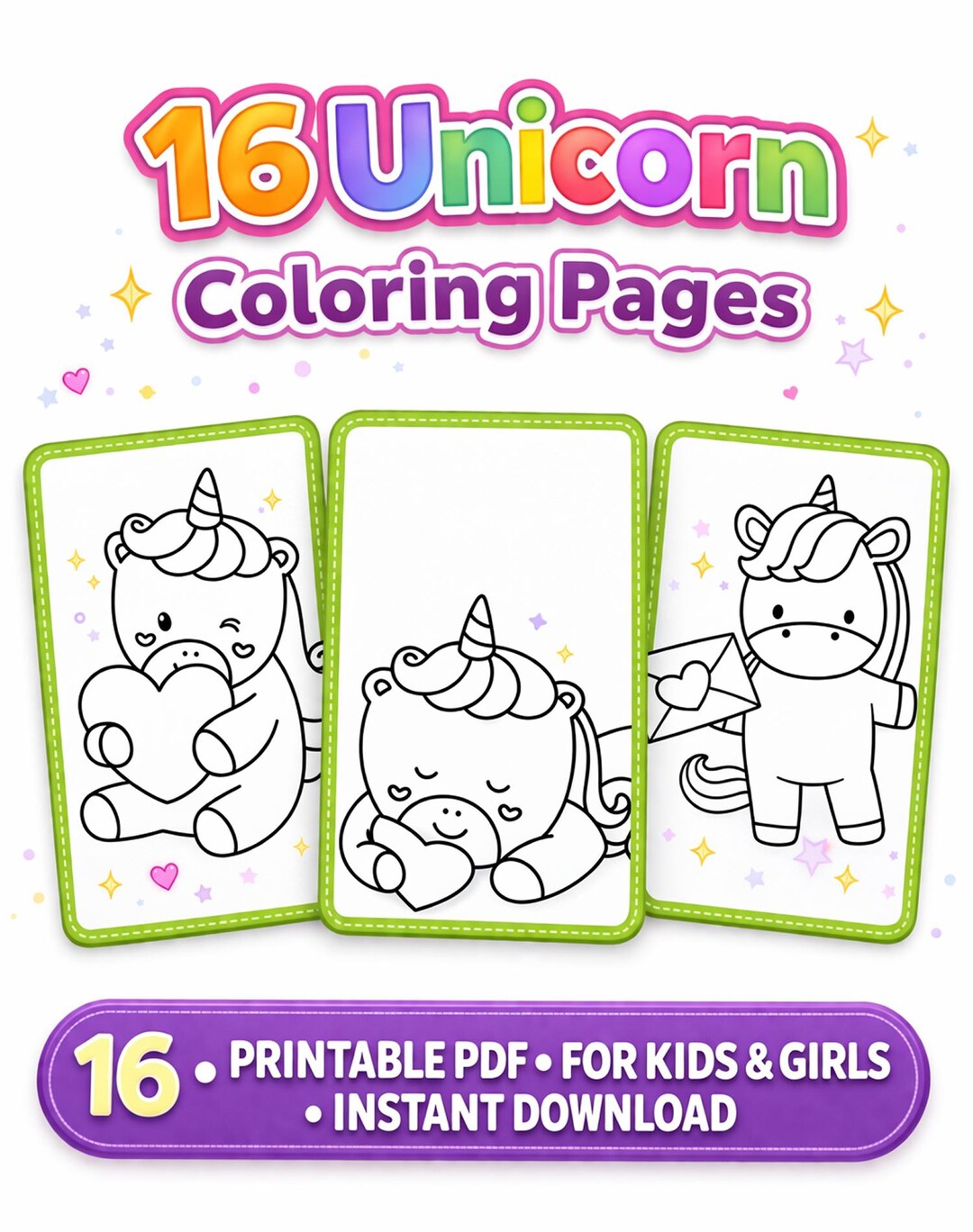 Kawaii Unicorn Coloring Pages – Printable PDF for Kids, Toddlers ...
