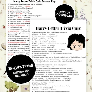 May include: A Harry Potter trivia quiz document featuring 15 questions and an answer key. The pages include multiple-choice questions about the series, a cartoon illustration of Harry Potter, and black circular badges stating Instant Download.