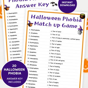 Utskrivbart Halloween-festspelpaket, fobi-matchningsspel, Halloween-triviafrågor, festaktivitet för vuxna, direktnedladdning