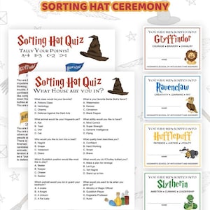 Könnte beinhalten: Ein druckbares Hogwarts-Set für die Zeremonie des Sprechenden Huts mit zwei Quizbögen zu Unterrichtsfächern, Haustieren und Eigenschaften sowie vier Urkunden für Gryffindor, Ravenclaw, Hufflepuff und Slytherin mit Maskottchen.