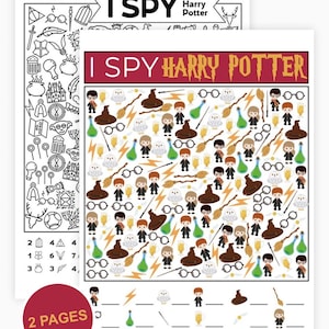 May include: Two I Spy Harry Potter activity sheets. One page is a black and white line art version, and the other is a full-color version featuring cartoon characters, owls, wands, and potions. Both pages include a counting section at the bottom.