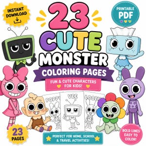 May include: A colorful digital download featuring 23 cute monster coloring pages. The design includes various cartoon monsters, the text "23 Cute Monster Coloring Pages", and the phrases "Instant Download" and "Printable PDF".