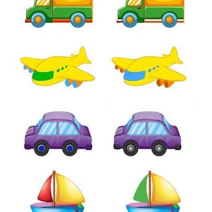 May include: A collection of colorful cartoon illustrations of vehicles. Includes a green and yellow truck, a yellow airplane, a purple car, and a blue sailboat. Each vehicle is depicted twice.