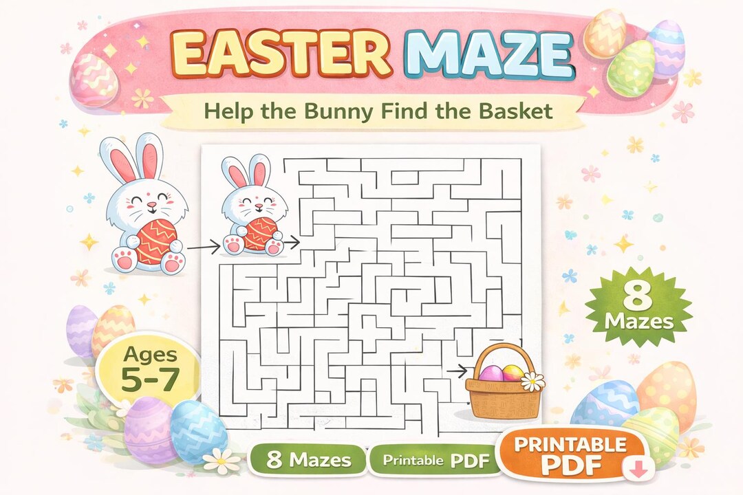 Easter Maze Activity Book for Kids | Bunny Printable PDF (ages 5-7) - Etsy
