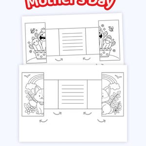 May include: Two white Mother's Day cards with black and white illustrations. One card features cacti and bees, the other a cat and rainbow. The cards have a fold-out design with space for writing. The top of the image reads "Mother's Day".