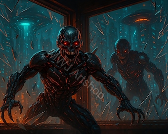 Cyborg Alien Sci-Fi Horror Art – Set van 5 donkere futuristische landschapsafdrukken | Digitale download