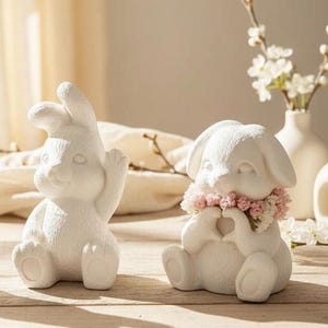 Peut inclure: Trois figurines en céramique blanche : deux lapins et un chiot. Les lapins sont assis, l'un avec un œuf, l'autre faisant signe. Le chiot tient une couronne florale en forme de cœur. Les figurines sont sur une surface en bois, avec une fenêtre et des fleurs en arrière-plan.