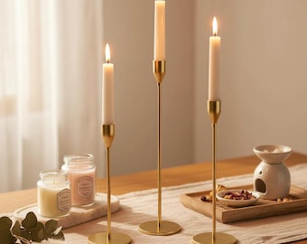 Gold Candle Holders Set of 3, Wedding Table Centerpiece, Modern Metal Candlestick Holders, Elegant Home Decor, Housewarming Gift