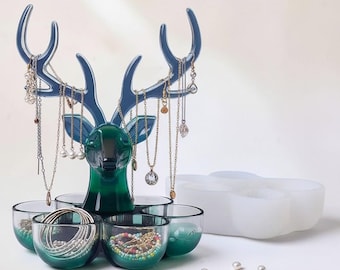 Jewelry Stand, Deer Resin Mold Kit with 6 Bowl-Shaped Containers, DIY Jewelry & Trinket Boxes, Candle Holder Mold, Resin Casting Supplies