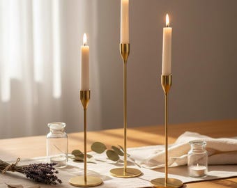 Gold Candle Holders Set, Modern Taper Candle Stands, Candlestick, Holders, 3-Piece Elegant Gold Candle Holder Set Vintage Taper.