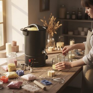 Pode incluir: Uma configuração de fabricação de velas com um derretedor de cera preto, potes e vários suprimentos em uma mesa de madeira. A cena inclui sacos de contas de cera, moldes e óleos essenciais, sugerindo um projeto de artesanato DIY.