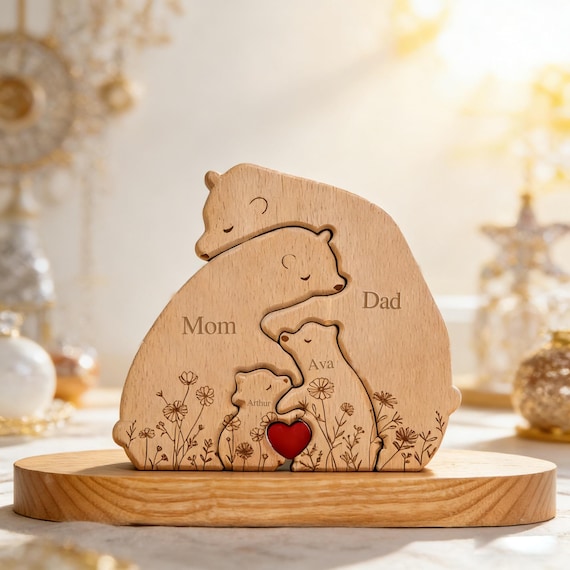 A family of little hugging bears cut from wood, each piece labeled with a real family member's name — surprisingly touching as a shelf decoration or kids' room piece.
