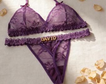 Personalized Crystal Name Lingerie Sets, Name Bra, Name Thong, Personalized Name Lingerie Set,Custom Name Lace Thongs, Custom Name G-strings