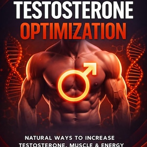 Puede incluir: Ilustración digital que promueve la optimización de la testosterona. La imagen presenta un torso musculoso con un símbolo masculino brillante. El texto incluye "Boost Hormones & Build Muscle" y "Testosterone Optimization."