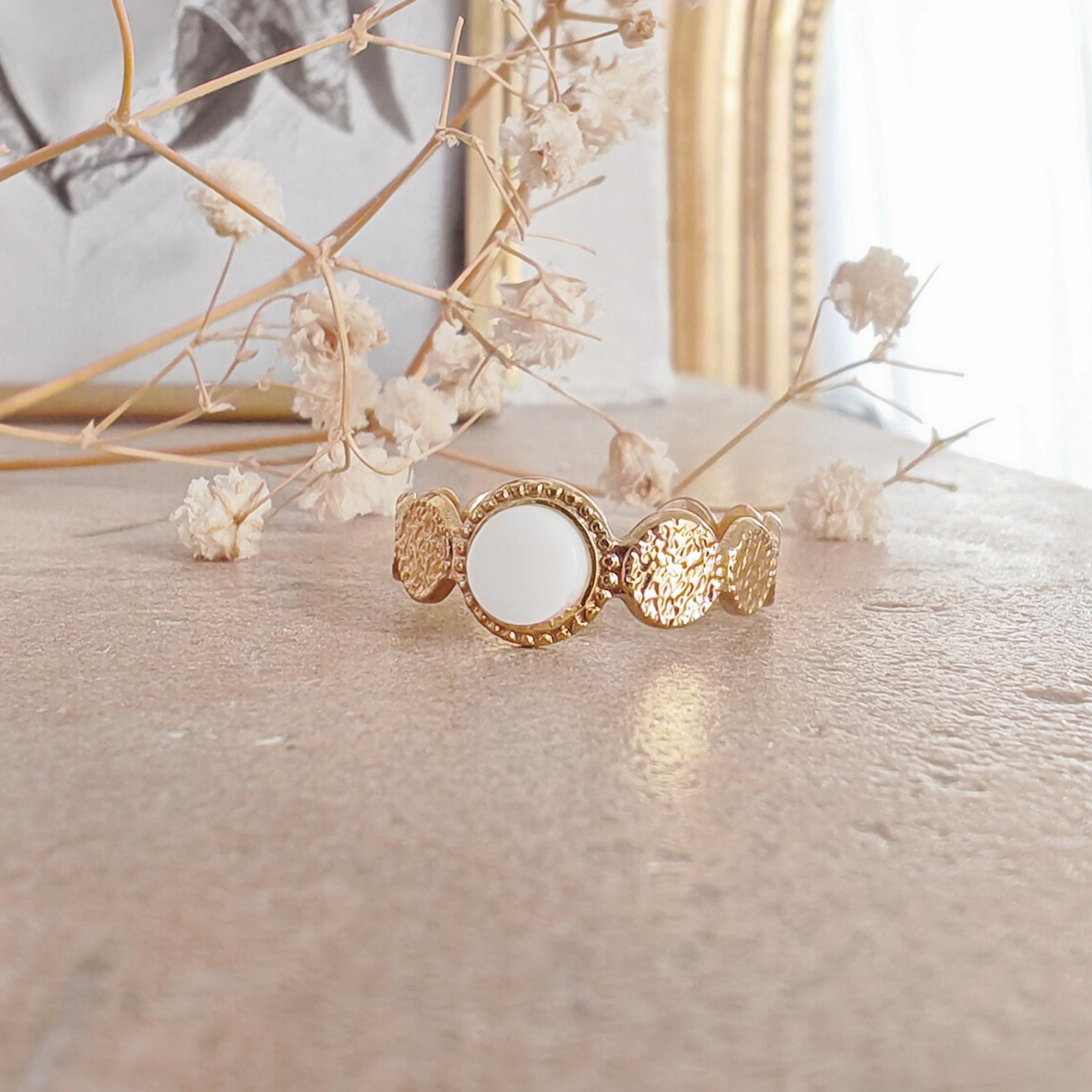 Bague Ethnique Faite Main En Pierre Nacrée (cabochon) - Argent Plaqué - Taille 5.5 - Neuf