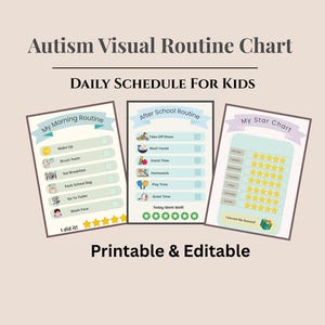 Peut inclure: Un tableau de routine visuelle pour enfants autistes. Il comprend une routine du matin, une routine après l'école et un tableau d'étoiles. Le texte indique "Emploi du temps quotidien pour enfants" et "Imprimable et modifiable."
