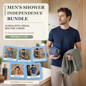 Könnte beinhalten: Eine digitale Produktanzeige mit dem Text MEN'S SHOWER INDEPENDENCE BUNDLE und 34 REALISTIC VISUAL ROUTINE CARDS. Die Grafik enthält fünf quadratische Karten mit Duschschritten und eine Person, die eine blaue Kulturtasche und ein grünes Handtuch hält.