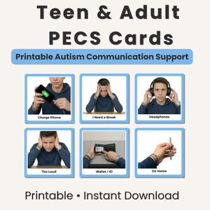 Könnte beinhalten: Ein Satz druckbarer PECS-Karten (Picture Exchange Communication System) für Jugendliche und Erwachsene. Die Karten zeigen Bilder mit Texten wie "Charge Phone", "I Need a Break" und "Go Home". Der Text "Printable Autism Communication Support" ist ebenfalls enthalten.