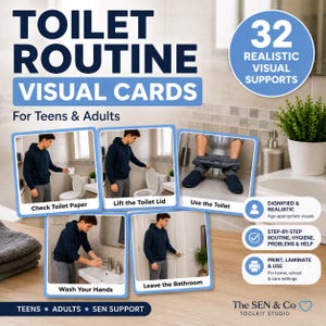 May include: A set of 32 Toilet Routine Visual Cards for teens and adults. The display features five photographic panels showing steps like checking toilet paper, lifting the lid, using the toilet, washing hands, and leaving the bathroom.