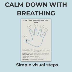 Peut inclure: Graphique bleu clair avec le texte « CALM DOWN WITH BREATHING » et « Simple visual steps ». Un schéma montre une main avec des étapes numérotées pour des exercices de respiration profonde. Les étapes comprennent inspirer, retenir, expirer, se reposer et répéter.