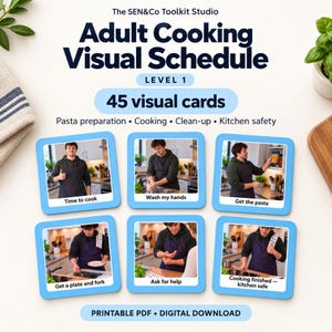 Peut inclure: Le programme visuel de cuisine pour adultes niveau 1 de SEN&Co Toolkit Studio comprend 45 cartes illustrées pour la préparation des pâtes, la cuisson, le nettoyage et la sécurité. Chaque carte montre une personne en cuisine avec du texte.