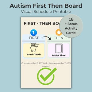 Pode incluir: Um quadro visual imprimível "Autismo First Then Board". O quadro apresenta um layout "FIRST - THEN" com ícones para "Escovar os dentes" e "Tempo de tablet". Inclui 18 cartões de atividades bônus. O texto diz "Complete a tarefa FIRST, depois aproveite a recompensa THEN."