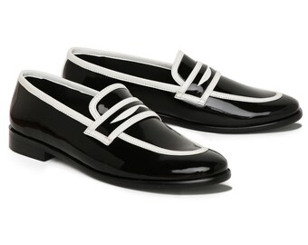 Schwarze Lack-Penny-Loafer für Herren | Elegante Abendschuhe | Glänzende Slipper für die Hochzeit | Designer-Abendloafer für den Bräutigam