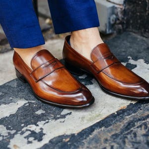 Genuine Calf Leather Penny Loafers for Men, Tan Dress Shoes, Memory Foam Comfort