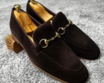 Men's Suede Leather Loafers | Chrome Buckle Slip On Dress Shoes | Black Brown Ivory