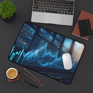 Pode incluir: Tapete de rato retangular com um design de visualização de dados azul e branco, com o texto "$21.7" e "2216". O tapete está sobre uma superfície escura, com um laptop, um rato e outros materiais de escritório.