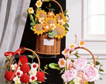 Knit Bouquet Birthday Gift, Wicker Flower Basket for her, Knitted Flowers Bucket