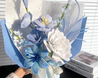 DIY Blue Bouquet, Perfect Birthday Gift for Beginners, Flower Bouquet Craft Pipe Stick Material Kit with Video