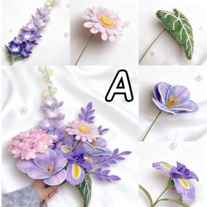 May include: A collection of handmade fabric flowers in various shades of purple, pink, and green. The arrangement includes a delphinium, daisy, iris, and a leaf. The letter "A" is in a black outline. The flowers are on a white background.