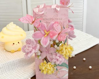 DIY Bouquet Gift for her, Pink Flowers Pipe Cleaner Meterial Kit with Video, Valentine's Gift