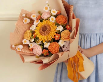 Mom's Gift, DIY Sunflower Bouquet with Video, Crochet Flowers for Beginners