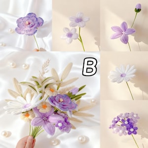 May include: A collection of handmade fabric flowers in various shades of purple and white. The arrangement includes daisies, carnations, and other floral designs. The letter "B" is in the center of the image.