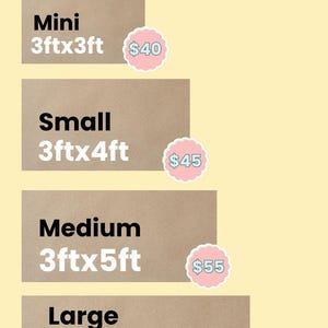 Puede incluir: Gr&aacute;fico con el texto "Pricing & Sizing" en rosa. Enumera cuatro tama&ntilde;os: Mini (0,91m x 0,91m), Small (0,91m x 1,22m), Medium (0,91m x 1,52m) y Large (0,91m x 1,83m). Cada tama&ntilde;o tiene un precio correspondiente en un c&iacute;rculo rosa.