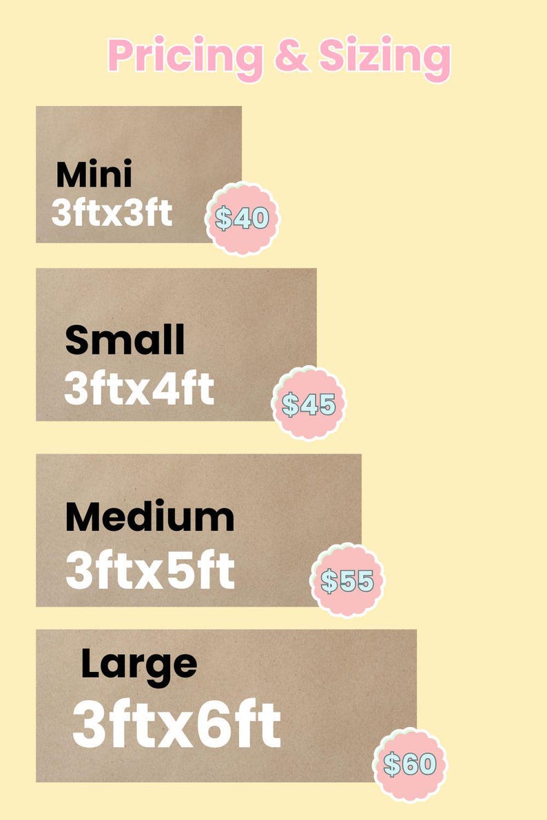 Puede incluir: Gr&aacute;fico con el texto "Pricing & Sizing" en rosa. Enumera cuatro tama&ntilde;os: Mini (0,91m x 0,91m), Small (0,91m x 1,22m), Medium (0,91m x 1,52m) y Large (0,91m x 1,83m). Cada tama&ntilde;o tiene un precio correspondiente en un c&iacute;rculo rosa.