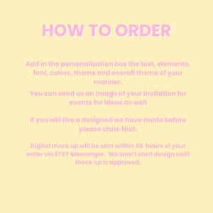 Puede incluir: Un fondo amarillo claro con el texto rosa &laquo;&nbsp;C&Oacute;MO ORDENAR&nbsp;&raquo;. El texto explica c&oacute;mo personalizar un pedido, incluyendo texto, elementos, fuente, colores y tema. Tambi&eacute;n menciona el env&iacute;o de una imagen para ideas y detalles de maqueta digital.