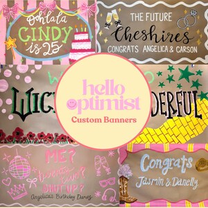 Puede incluir: Una colecci&oacute;n de pancartas personalizadas con varios mensajes de celebraci&oacute;n. Una pancarta dice "Oh lala CINDY is 25" con un pastel. Otra dice "THE FUTURE Cheshires CONGRATS ANGELICA & CARSON". Otras pancartas incluyen "WONDERFUL" y "Congrats Jasmin & Danelly".